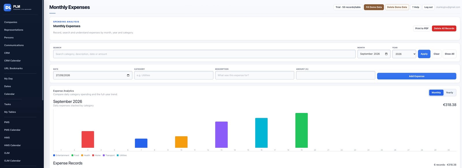 Monthly Expenses — PLM application screenshot