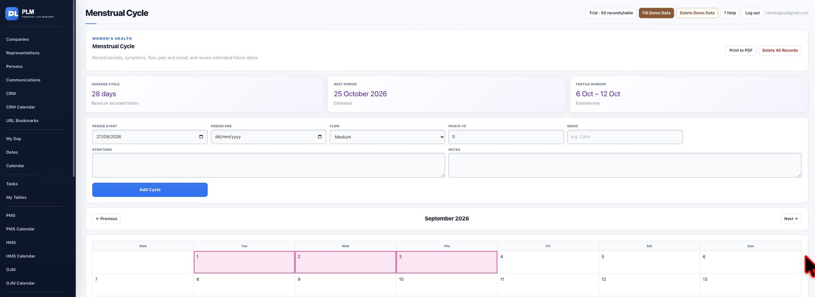 Menstrual Cycle module preview