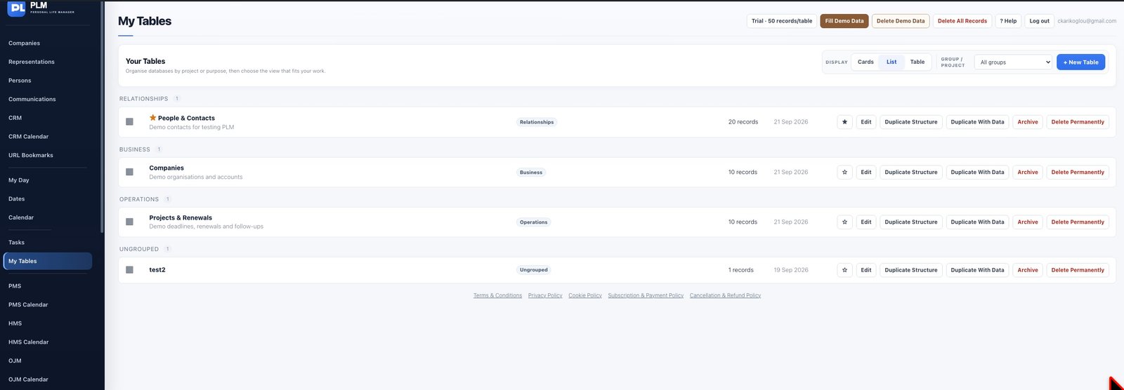 My Tables — PLM application screenshot