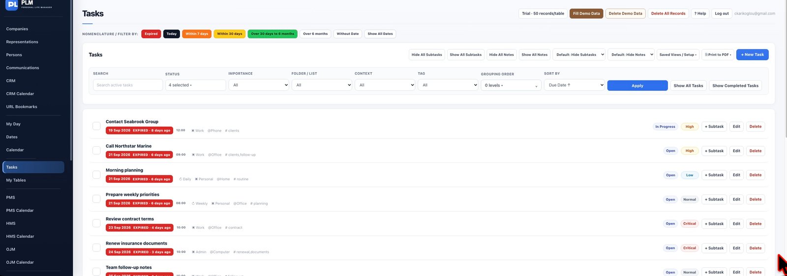 Tasks — PLM application screenshot